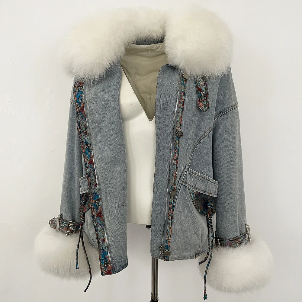 MENINA nuovi vestiti autunno inverno femminile vera pelliccia di volpe piumino d'oca coperchio interno giacca di jeans donna spessa pelliccia calda piumino signora