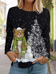 Christmas Women's Long Sleeved T-shirt Casual Holiday Fashion Christmas Cute Cat Holiday gifts Tops Harajuku Women's Clothing
