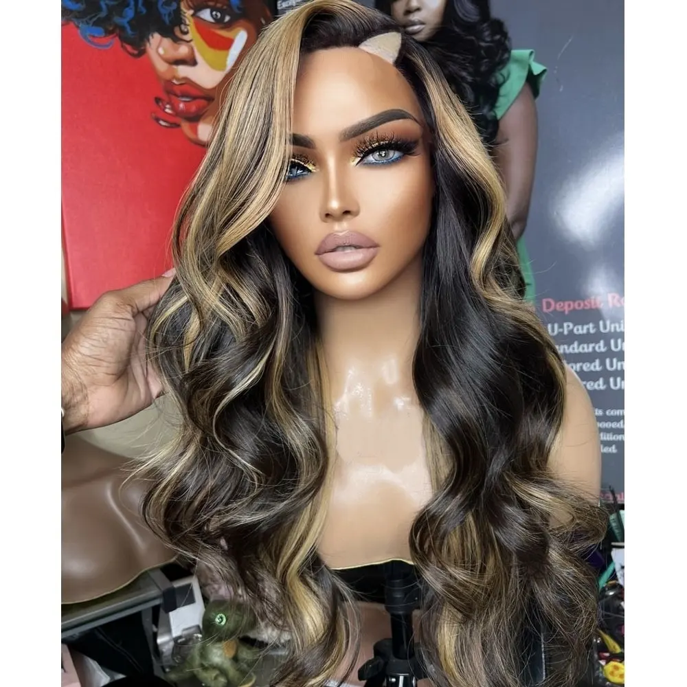 

26inches Body Wave U Part Wig Human Hair for Women Honey Blonde Hightlight Baby Hair Glueless 1*4V Part Wig Human Hair Easy Wear