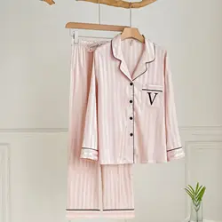 Women's Striped Pajamas Set Satin Long Sleeved Lapel Shirts Nightwear Sexy Lingerie Home Clothes Loose Sleepwear Loungewear