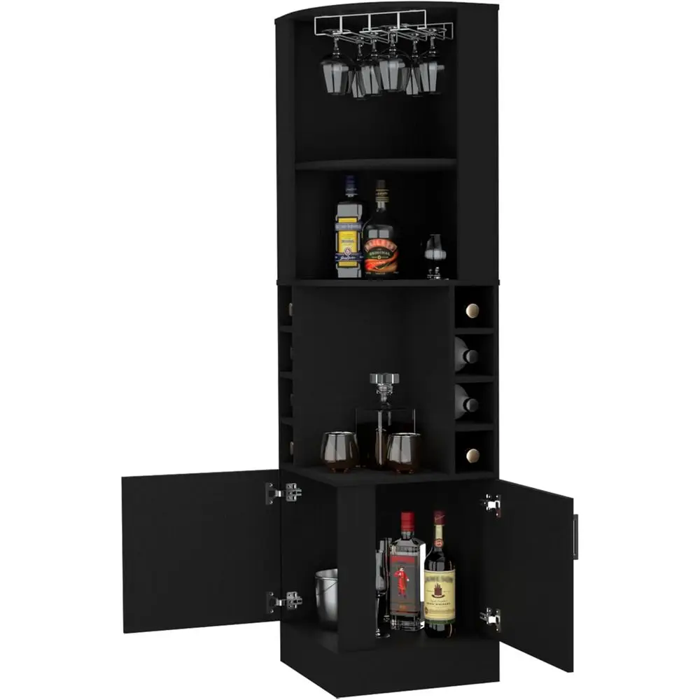 71 Tall Armhouse Wine Cabinet with Shelves, Door, and 8 Built-in Racks for Small Space Home Bar in Black