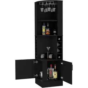 71 Tall Armhouse Wine Cabinet with Shelves, Door, and 8 Built-in Racks for Small Space Home Bar in Black