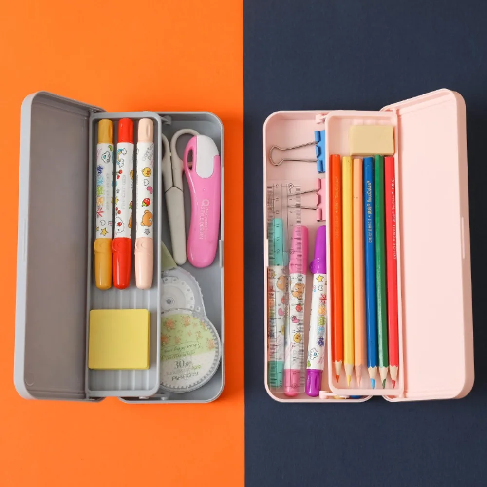 Double Layer Plastic Pencil Box Macaron Color in Good Order Stationery Storage Box Without Printing Durable