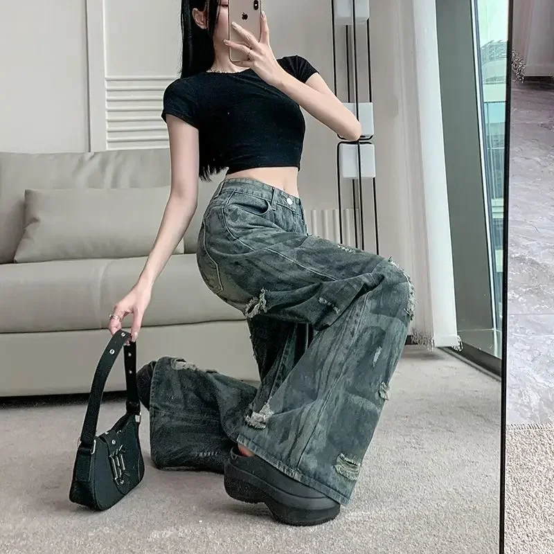 

Винтажные синие рваные женские рваные джинсы, уличная одежда, широкие джинсовые брюки с высокой талией, Y2K, брюки в стиле ретро 2000-х годов в стиле гранж
