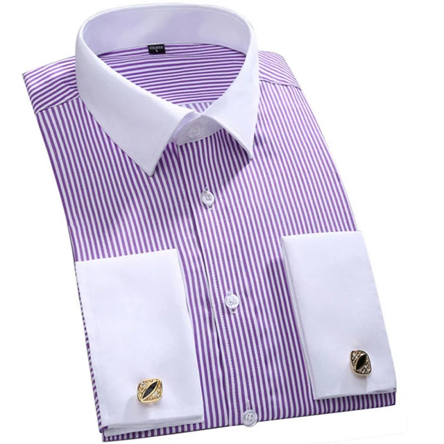 Men\'s Classic French Cuffs Striped Dress Shirt Single Patch Pocket  Cufflink Included Long Sleeve Wedding Shirts