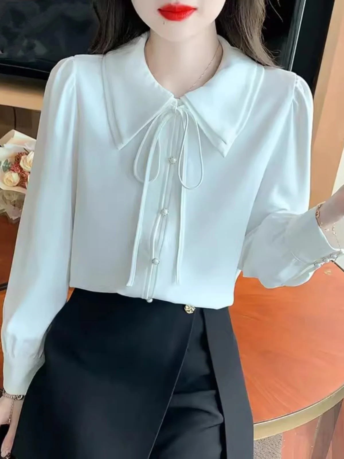 

Модная белая шифоновая блузка с длинным рукавом для женщин, весна-осень, новая универсальная модель, однотонная, для повседневной носки