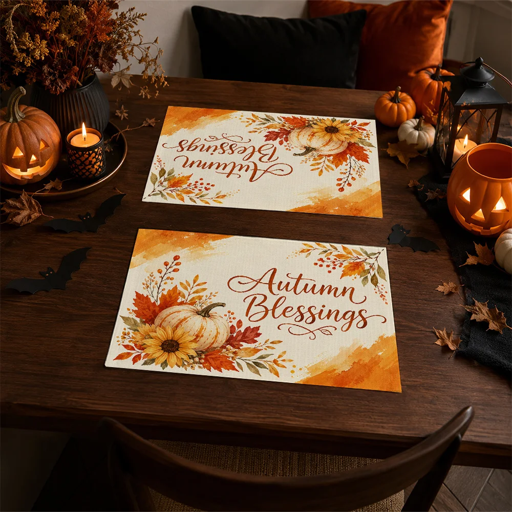 Autumn Fall Placemats Suitable For Dining Table Decor - Pumpkin Sunflower Table,  Polyester Rectangular Tablewa