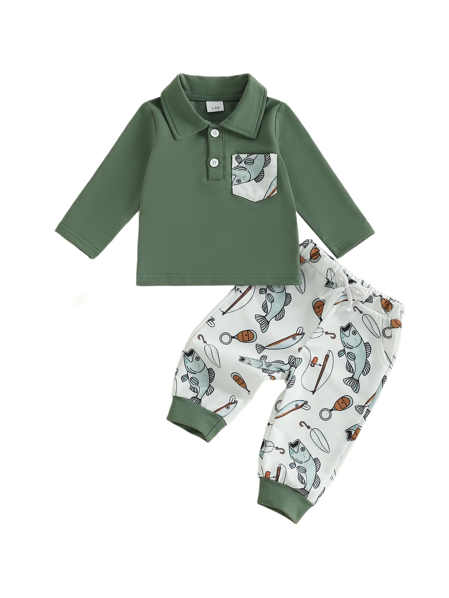 

Infant Boy Autumn Ensemble with Fish Patterned Shirt and Matching Trousers - 2 Piece Set for Stylish Toddlers