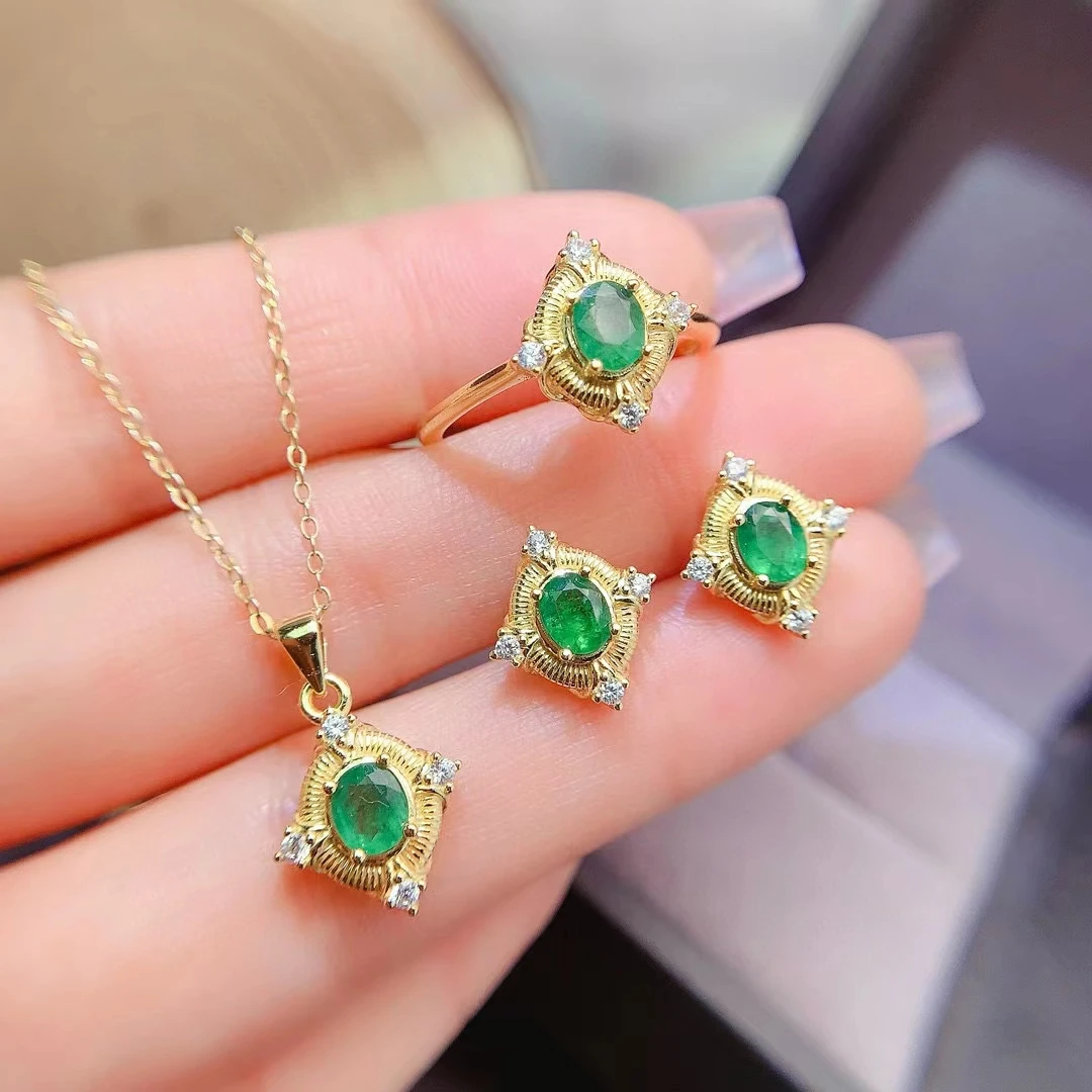 

Genuine 925 Silver Emerald Jewelry Set for Office Woman 4*5mm 1.2ct Natural Emerald Ring Earrings and Pendant with Gold Plating