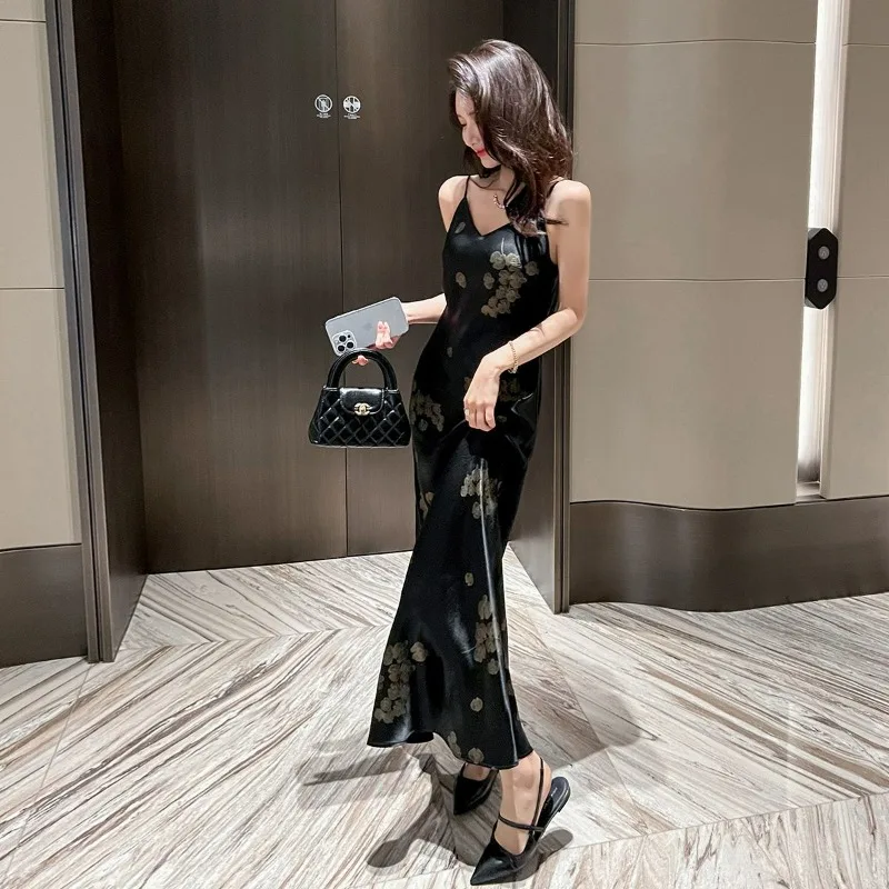 Abito a canotta in raso moda donna estate nuovi abiti da donna a trapezio stampati sottili stile lungo slim fit avanzato