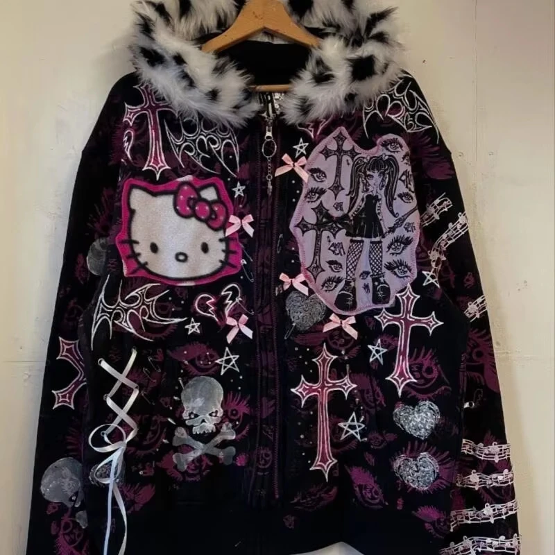 Y2K Gothic Hello Kitty Zip Up Hoodie Leopard Faux Fur Collar Cross Skull Graphic Jacket Pink Bow Lace Ribbon Decor Sweatshirt view 3