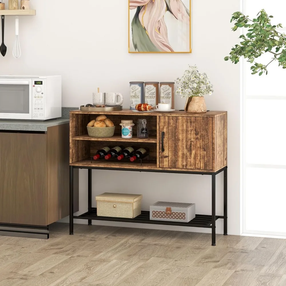 Buffet Cabinet with Power Outlets & USB Ports, Wooden Coffee Bar Cabinet, 4-Bottle Wine Rack, and Shelves for Kitchen Sideboard