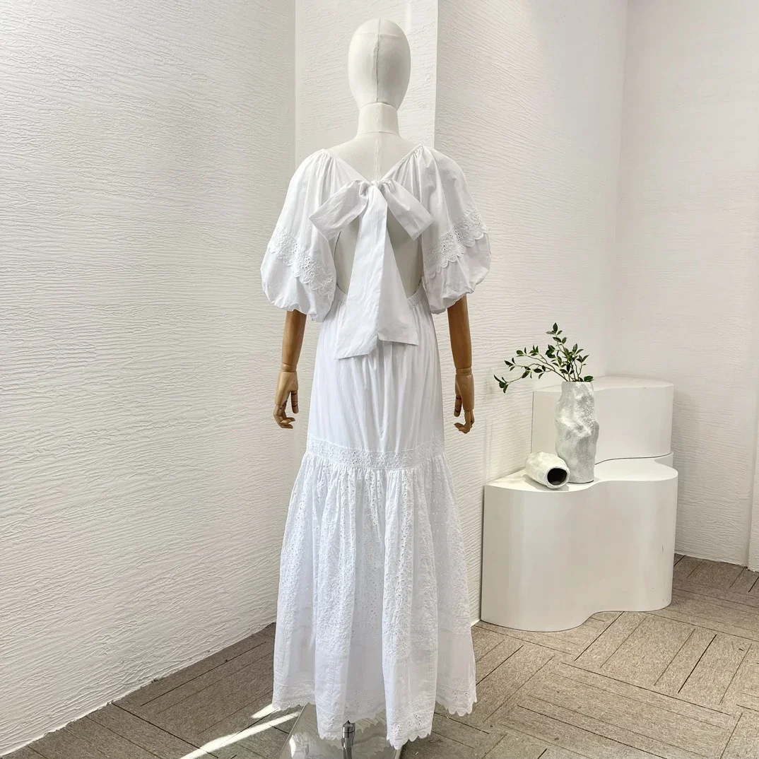 White Hollow Out Embroidery 2024 Latest Collection Deep V-neck Backless Women Summer High Quality Cotton Bow Tie Maxi Dress