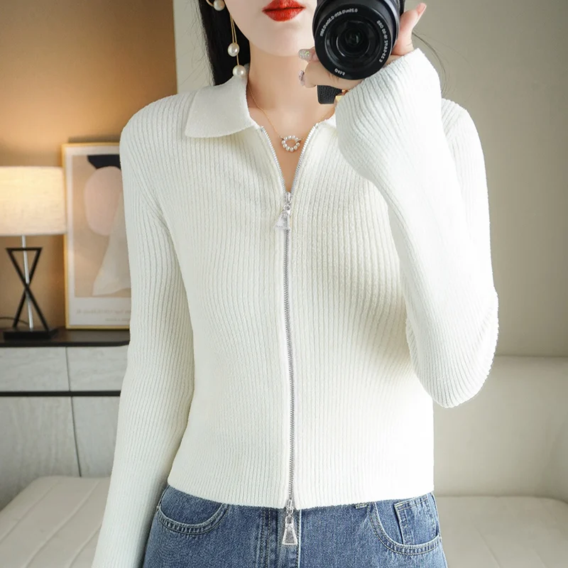 Women Autumn Winter Soft Wool Sweater Polo Collar Thicken Knitted Double Zipper Cardigan Basis Short Top Cashmere Female Coat