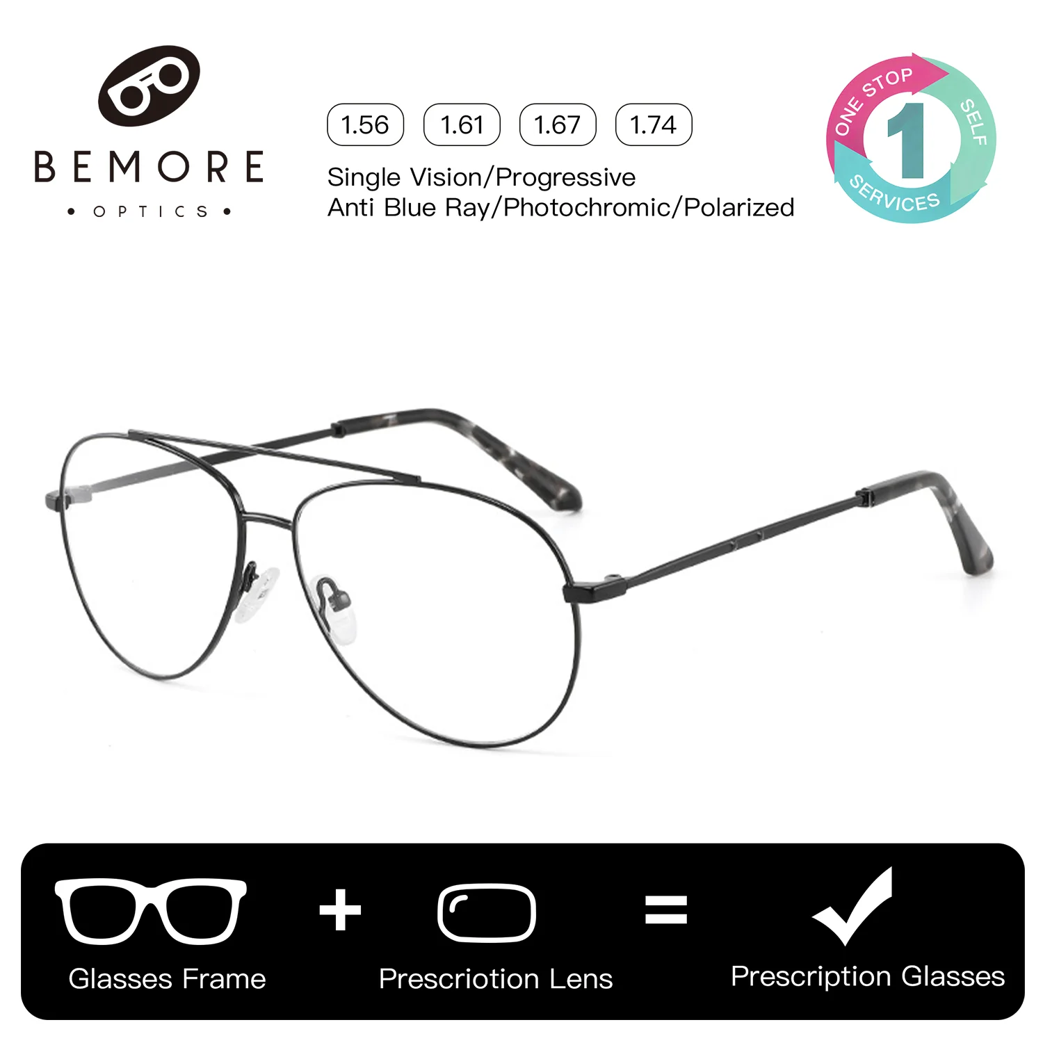 bemore-パイロットユニセックス処方眼鏡カスタムフォトクロミック抗青色光金属女性男性光学グレードレンズメガネ
