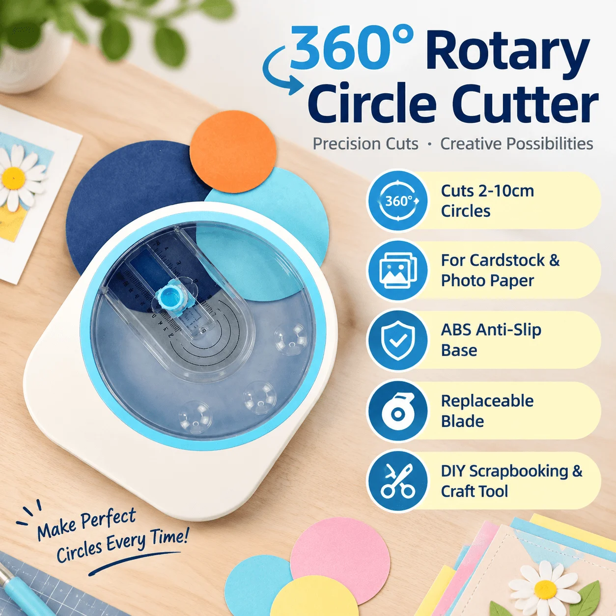 DIY Craft Paper Cutting Tool 360 Rotary Circle Cutter Round Shape Cutter ABS Base Replacement Blades Journal Card Decor