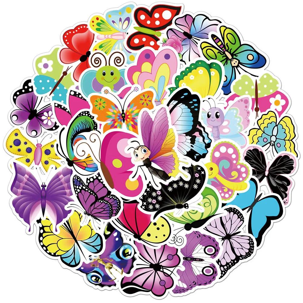 50Pcs New Creative Butterfly Doodle Stickers Waterproof PVC Decals for Luggage Laptop Notebook Car Skateboard Guitar Water Bottl