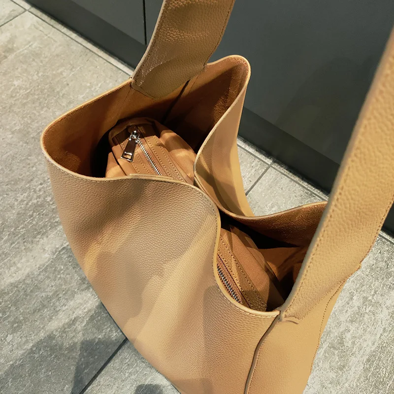 FIRMRANCH Soft Cowhide Leather Tote Fashion Casual Wide Shoulder Strap Pouch Simple Large Capacity Commuter Composite Bag Solid