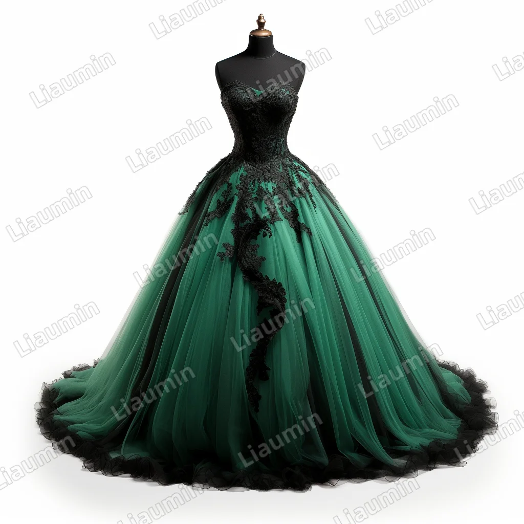 Classic Green and Black Lace Applique Floor Length Lace Up Back Strapless Evening Prom Dress Brithday Party Formal Custom J2-2.2