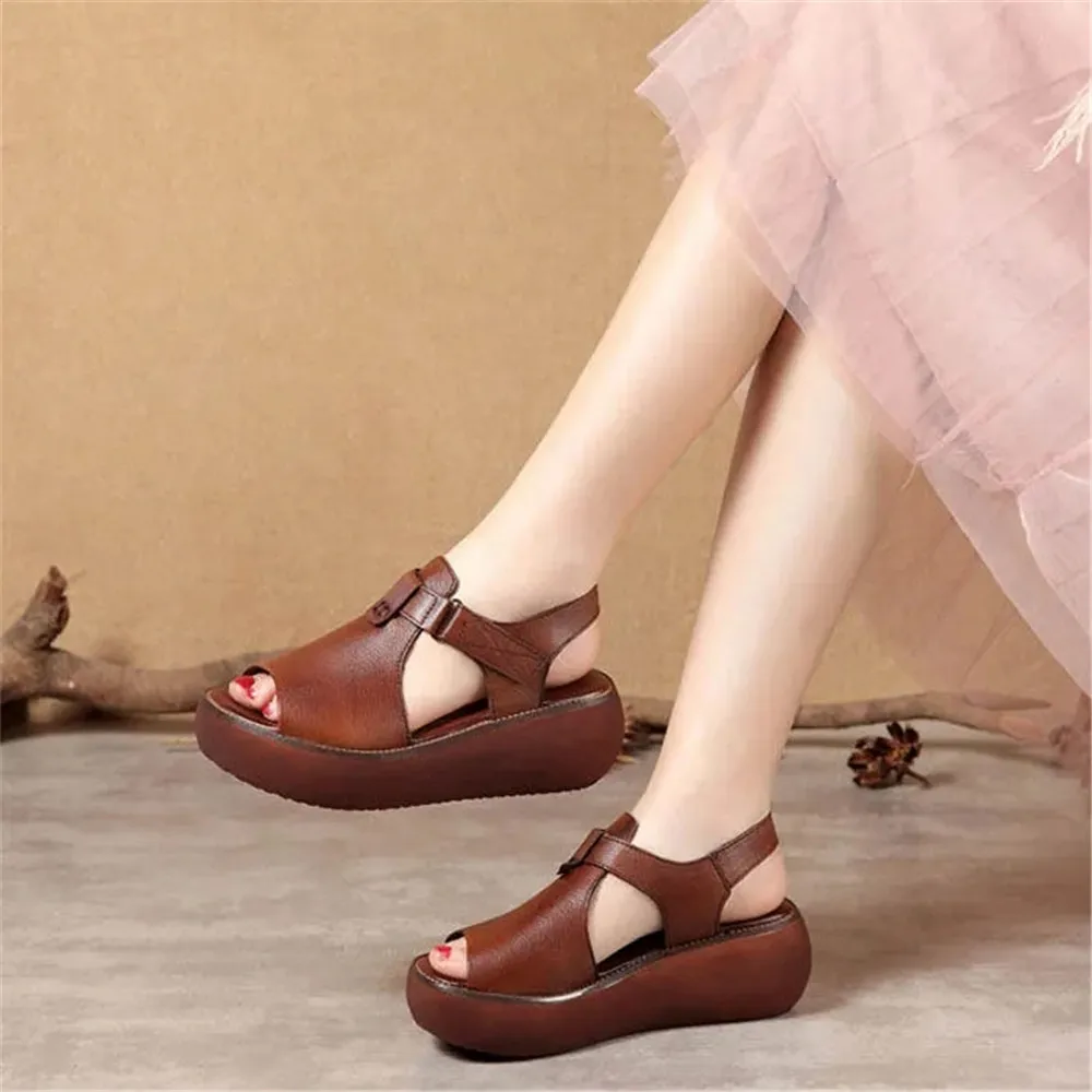 Soft Leather Beach Sandals Women 2024 Newest Retro Style Muffin Thick Bottom Fish Mouth Increased Slope Heels Shoes Black Brown