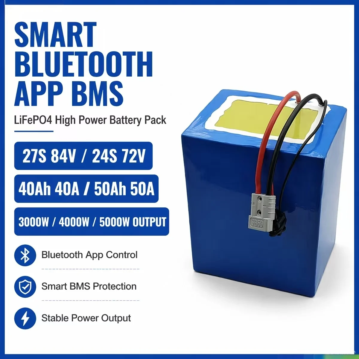 27S 84V 24S 72V 40Ah 40A 50Ah 50A lithium LiFePo4 battery pack with smart Bluetooth App BMS 3000W 4000W 5000W output