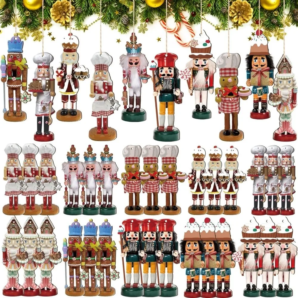 20 Pcs/Set Wooden Christmas Pendant Cartoon Figure Christmas Tree Ornament Xmas Atmosphere Accessories Festival Party Decor Gift