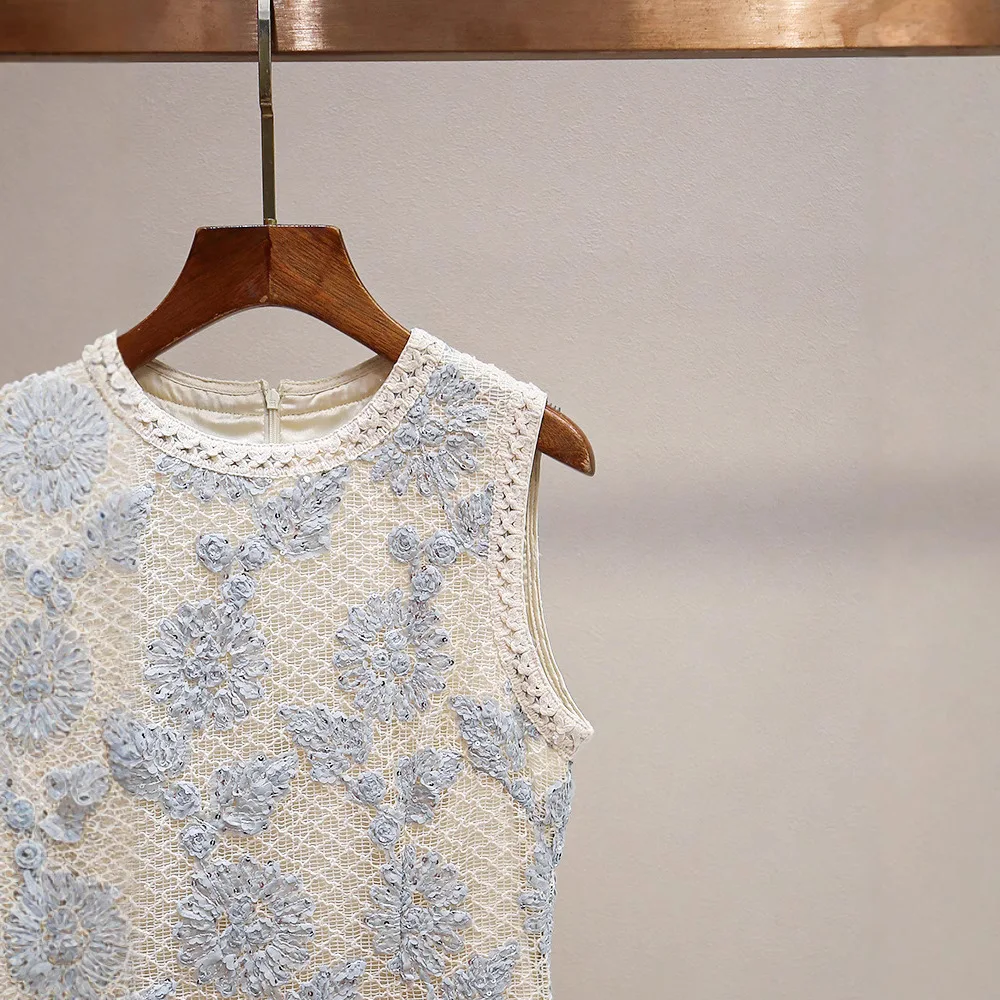Français élégant tempérament mode robes col rond sans manches creux épissage maille taille haute décontractée vacances longue robe femmes