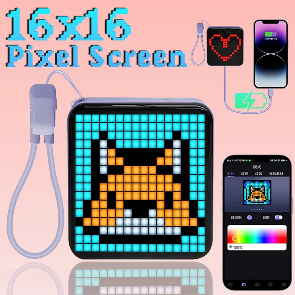 APP Controlled 16x16 LED Pixel Screen, Built-in 5000mAh Power Bank For Charging & Custom DIY Image, Text, Clock