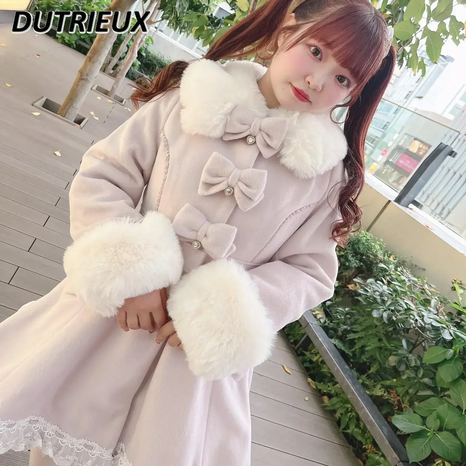 Japanese Winter Explosion Mine Series Mass Production Bow Fur Collar Jacket Sweet Layer By Layer Hem Mid-length Woolen Coat