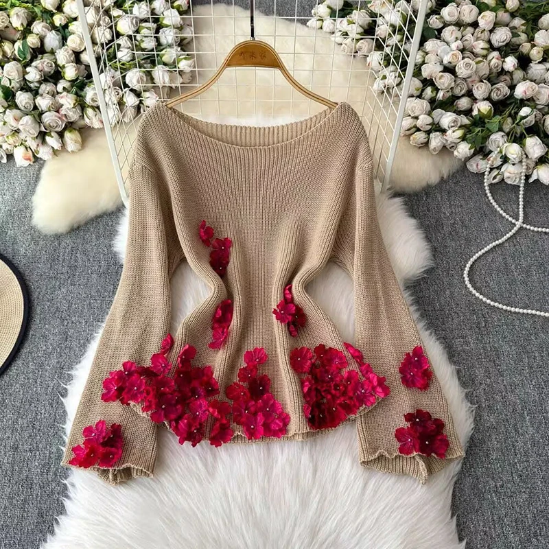 

Chic Heavy Industry Contrasting Color Three-dimensional Flower Horn Sleeve Knitted Sweater Women's Spring Autumn Khaki Pullovers