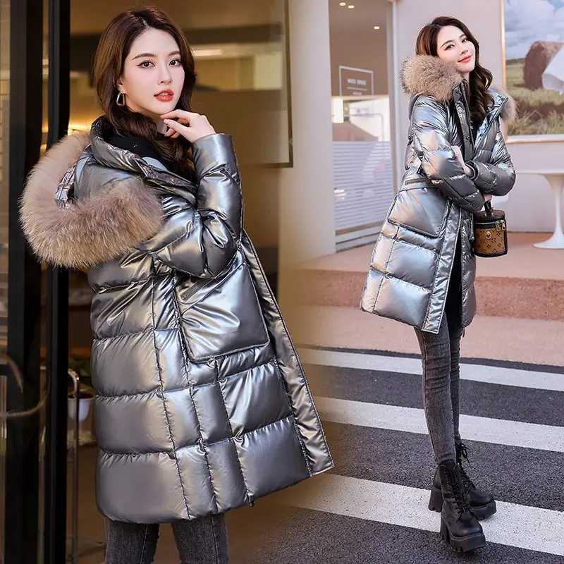 2023 New Winter Fashion Fur Collar Bright Face Down Coat Women\'s Mid length Down Jacket Knee Thickened Warm Cotton Coat