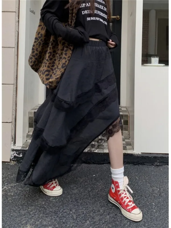 

Женская весенняя юбка-полусолнце с высокой талией, асимметричным кружевным подолом, белая, в корейском стиле, А-силуэт, приталенная, H-образная