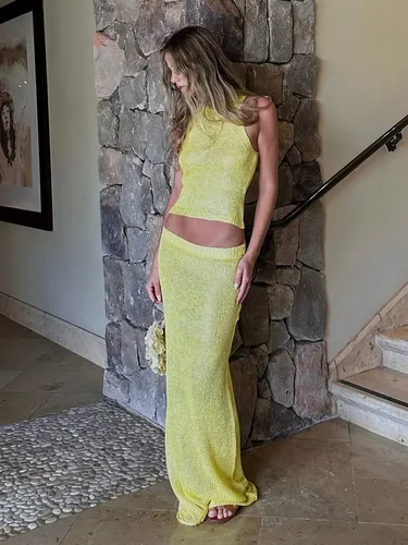 Imagen 2 del producto Sexy transparente sin mangas brillante camisola camiseta sin mangas vestido largo conjunto de dos piezas 2025 moda cintura elástica envoltura cadera conjunto de punto K68