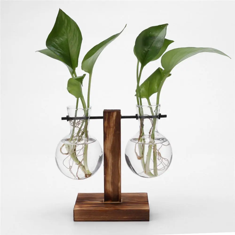 Terrarium Hydroponic Plant Vases Vintage Flower Pot Transparent Vase Wooden Frame Glass Tabletop Plants Home Bonsai Decor