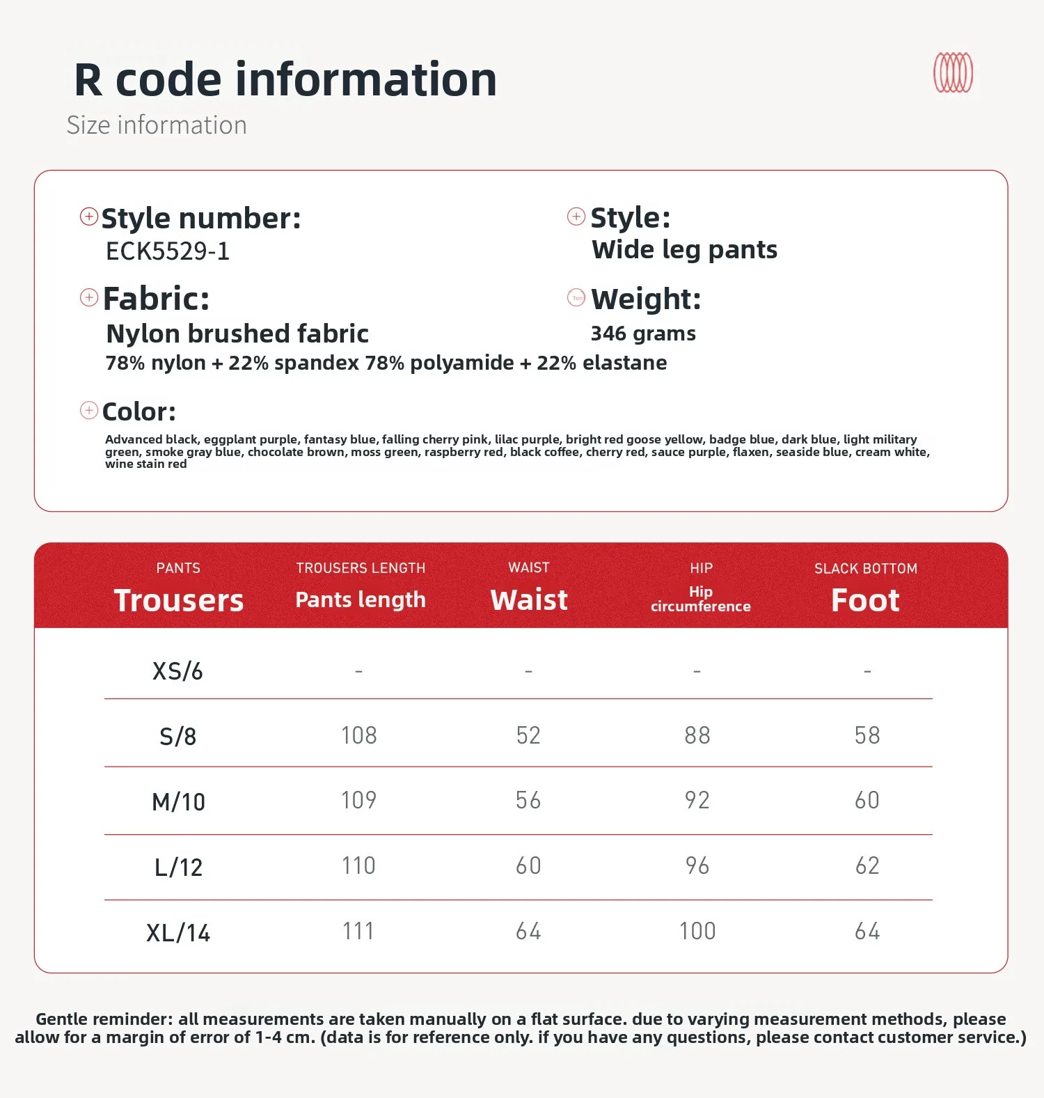 Size chart and fit details