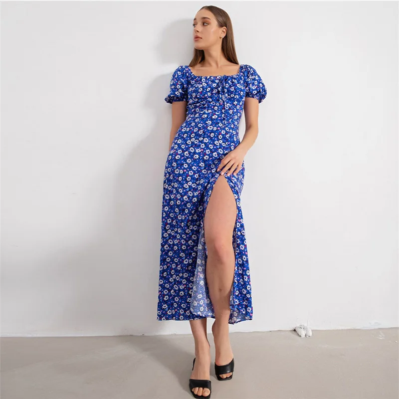 Summer Sun Dress Boho Off spalla collo quadrato manica corta stampa floreale Bodycon fessura abiti donna eleganti abiti da vacanza