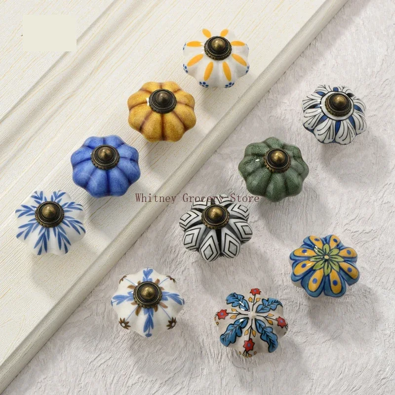 Ceramic Drawer Handle Single Hole European Cabinet Door Small Handle Round Ethnic Style Color Wardrobe Door Handle