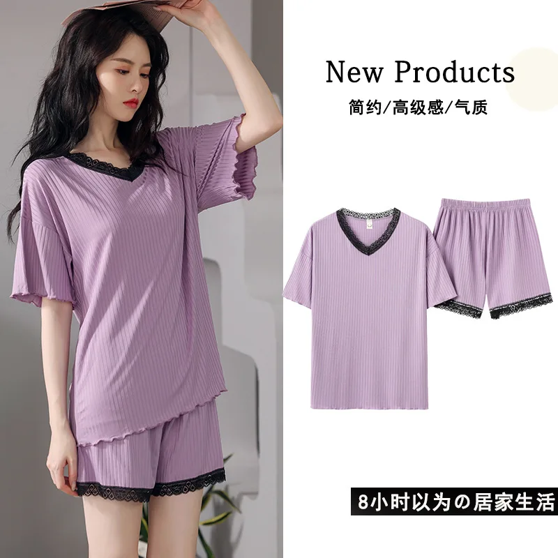 New Women Pajamas Suits Solid Home Suit Sleepwear Short Sleeve Pyjamas Comfortable Girl Summer Models Loungwear night clothes