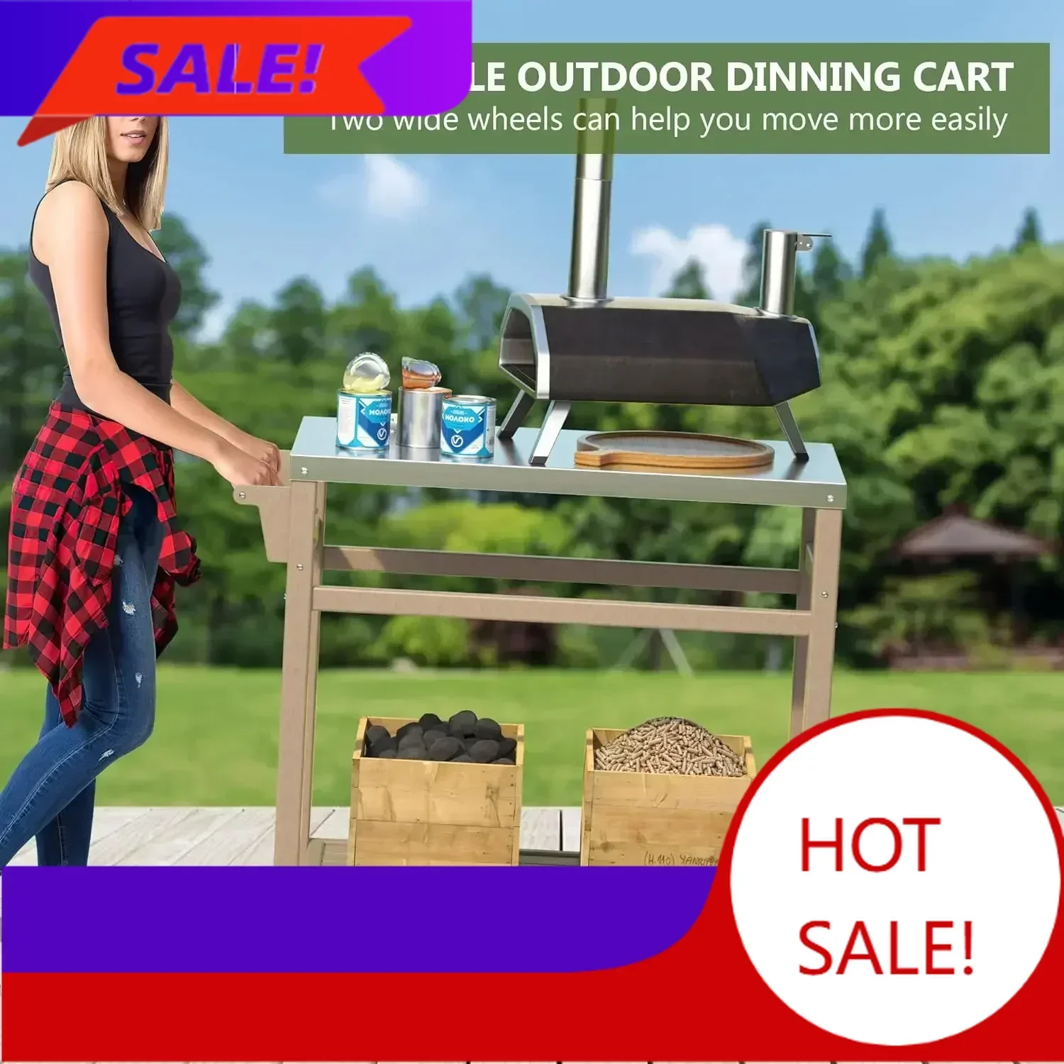 Hot salesOutdoor Prep Grill Carts, 303 Stainless Steel Tabletop with High Load Capacity Portable BBQ Table,2-Tier Storage Cart,