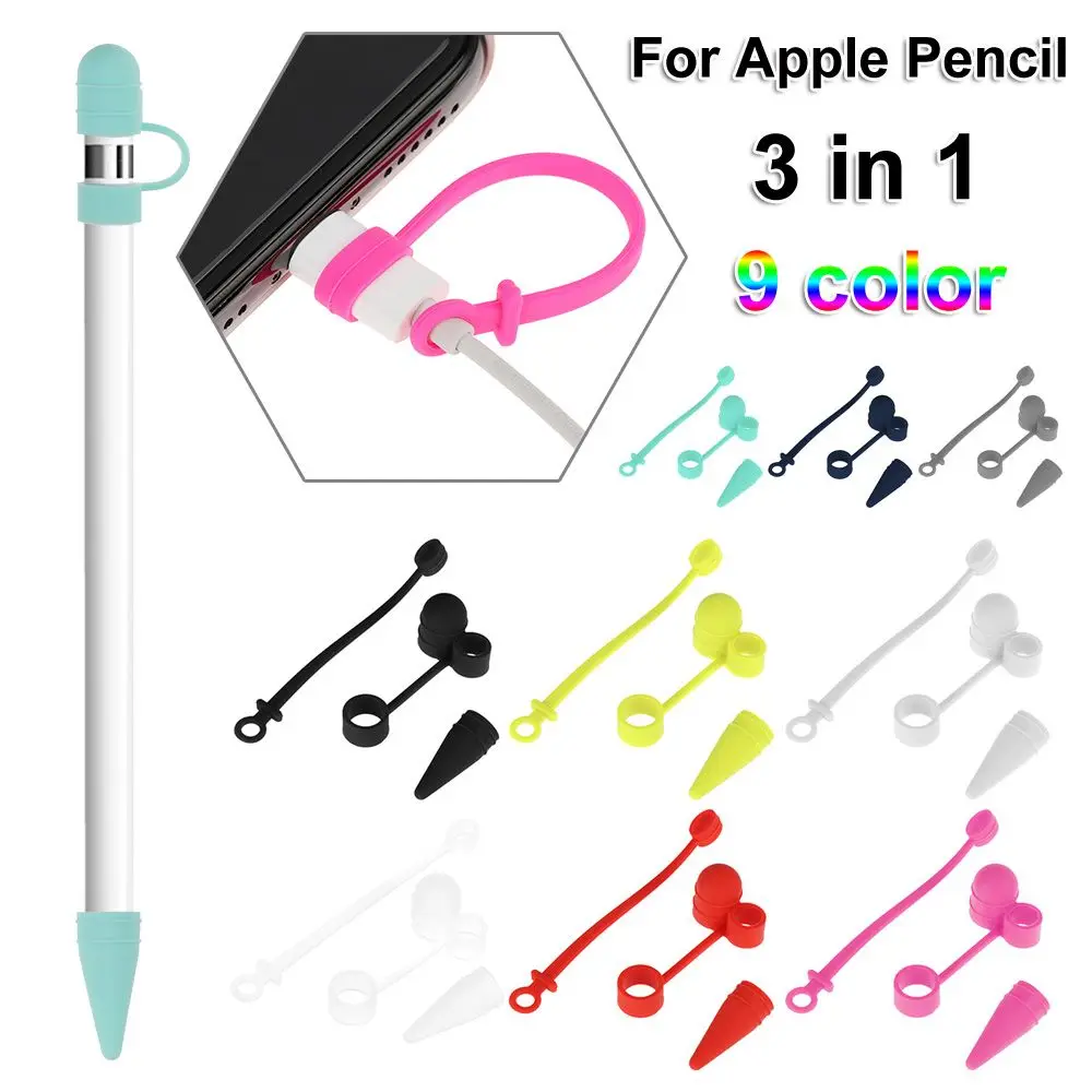 3 in 1 Anti Lost Silicone Case Cover Nib Cap Holder For Apple Pencil Soft Dustproof Silicone Case Cable Adapter Tether