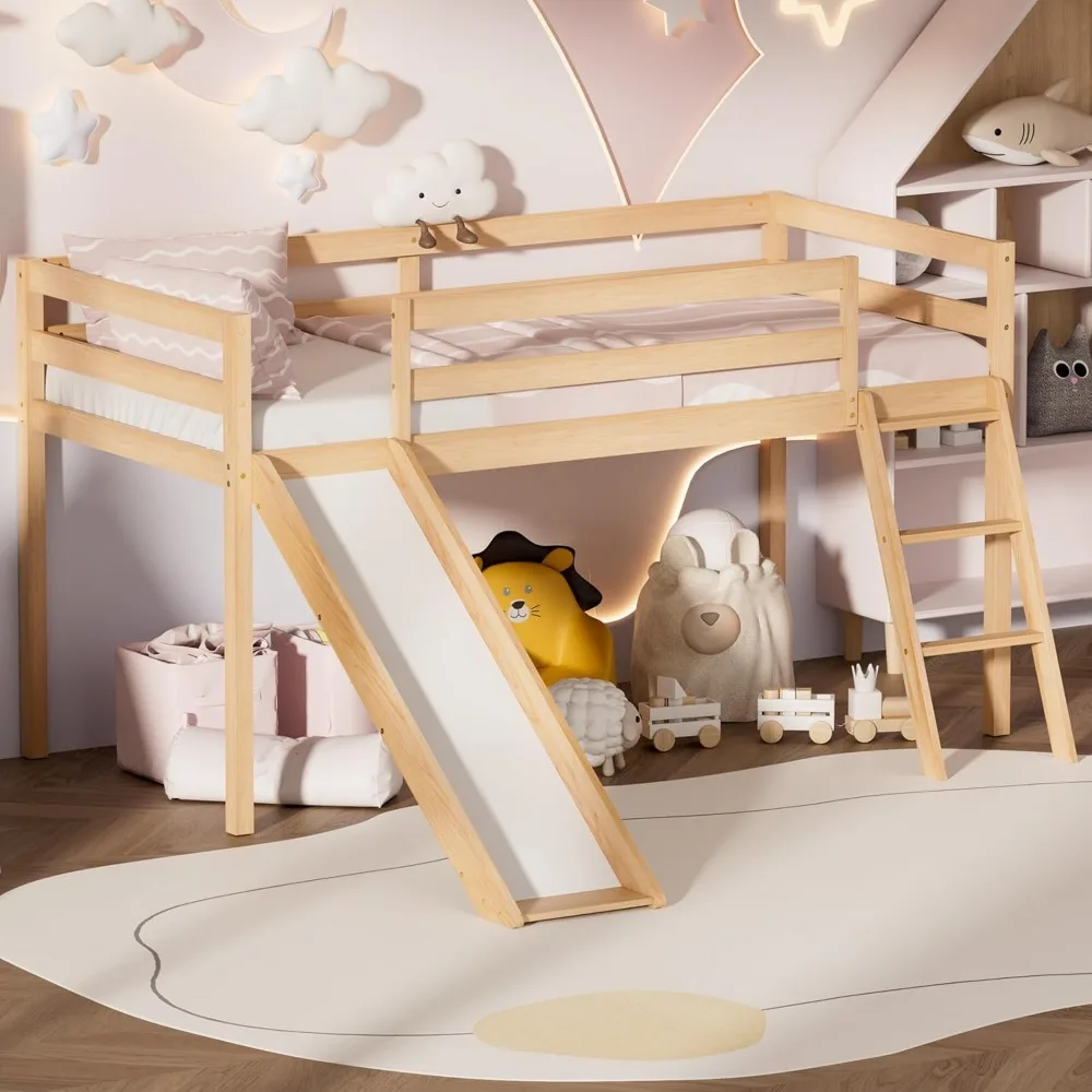 

Low Loft Bed with Slide, Wood Twin Loft Bed Frame with Climbing Ladder & Storage Space for Kids Toddler, Children Beds