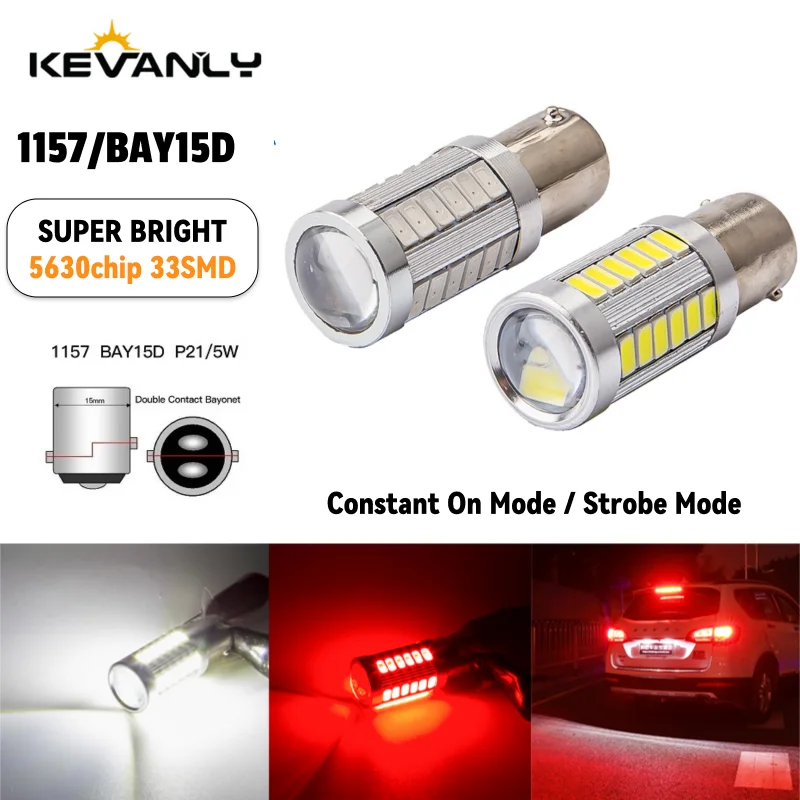 Kevanly 2 peças flash estroboscópico t20 led p21/5w bay15d 1157 1156 ba15s 7443 5630 33smd lâmpada de freio de carro pisca vermelho led luz de parada traseira 12v