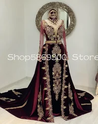 Customized Velvet Muslim Caftan Marocain Prom Dresses with Long Sleeve Gold Applique Crystal Evening Gown Outfit Kaftan Morocco