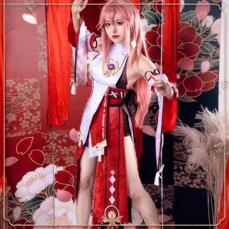 Genshin Impact Yae Miko Cosplay-Kostüm, komplettes Set – rosa Kimono mit Fuchsohr-Perücke für Halloween und Konvention