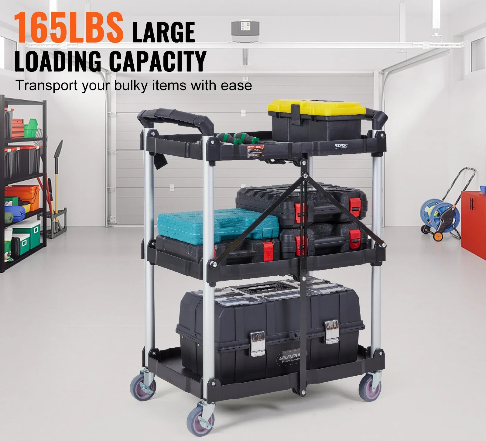 

tt Foldable Utility Service Cart, 3 Shelf 165LBS Heavy Duty Plastic Rolling Cart, Ergonomic Handle,Portable Garage Tool Cart
