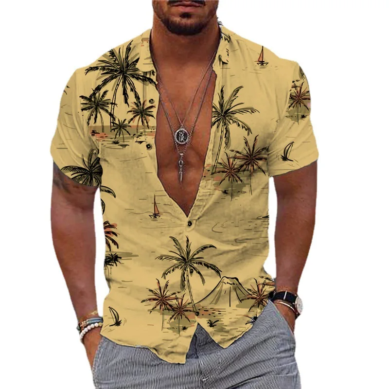 

New Hawaii Shirts and Coconut Tree Men's Large 3D Print Beach Retro 5xl Fashion Top Man Casual Single Breasted Short Sleeve