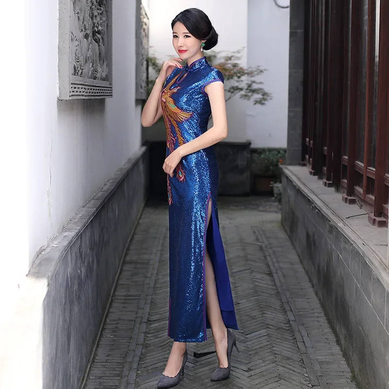 

Novelty Clothing Luxury Fashion Sequins Long Fork Qipao Stage Show Evening Dress Chinese Traditional Phoenix Cheongsam Gown