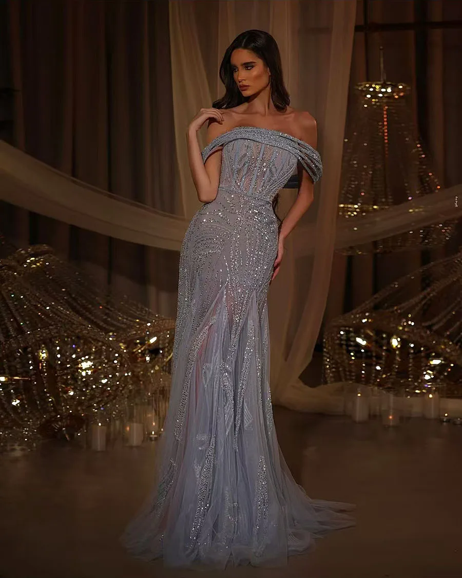 Luxury Mermaid Evening Dresses for Women 2025 Elegant V Neck Long Dubai Arabic Beads Handmade Formal Prom Wedding Party Gowns