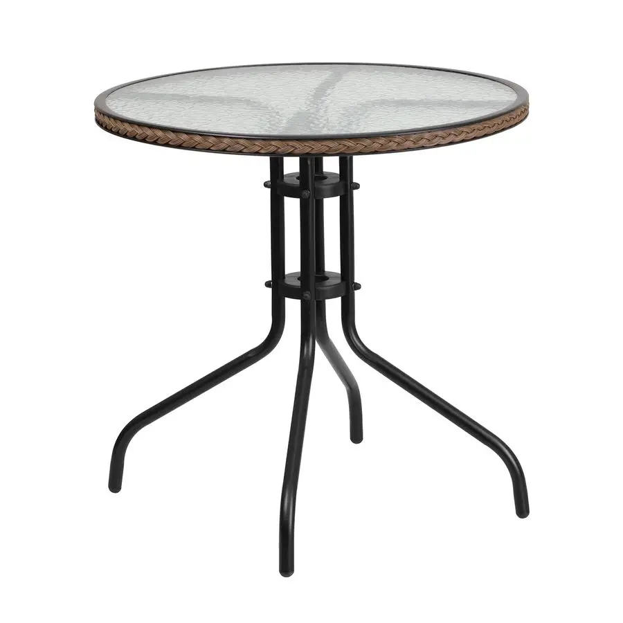 

28 Round Tempered Glass Metal Table with Dark Brown Rattan Edging