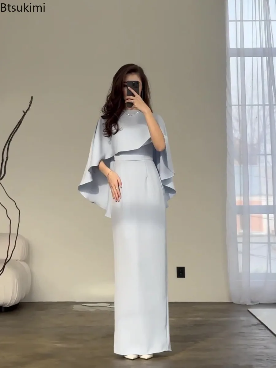 Wiosenna Nowa Damska Sukienka Maxi z Satyny w Jednolitym Kolorze, Elegancka Sukienka z Dekoltem O-neck, Nietoperzowymi Rękawami i Szalowym Wstawką, Elegancka Sukienka na Imprezę z Charakterem, Vestidos